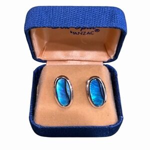 Vintage Sea Opal by ANZAC Abalone Shell Clip On Earrings Box Blue Green .5"